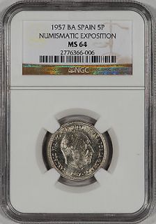1957 BA Spain 5 Pesetas   Numismatic Expo   NGC MS64