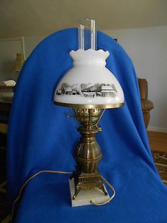 Vintage Currier & Ives Wood Stove Electric Lamp Metal W/Marble Stand 
