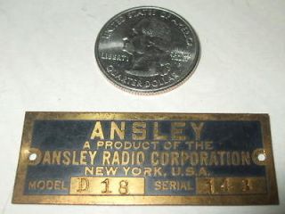 Vintage Antique Ansley Radio Corp Brass Tag For Old Phonograph Model 