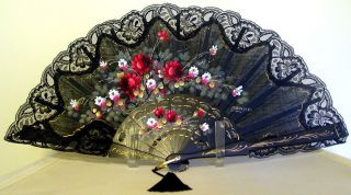   HAND PAINTED Flowers/LACE/W​OOD By BROSETA Vintage Hand FAN MIB Nice