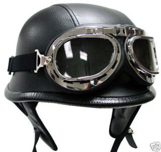   Black Carbon German Motorcycle HALF Helmet w/Pilot Goggles~S, M, L, XL