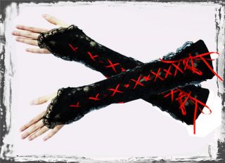 LONG BLACK & RED LACE LONG CORSET GLOVES goth emo fancy dress prom 