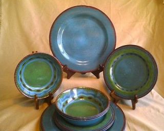 24 Piece BLUE Green Tuscan Southwest Stoneware Look Melamine Dish Bowl 