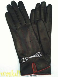 MOSCHINO black & red 7 LEATHER Cashmere lined HEARTS Chain gloves NWT 