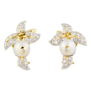 TIFFANY & CO. SCHLUMBERGER Diamond Pearl Platinum 18K Gold Earrings