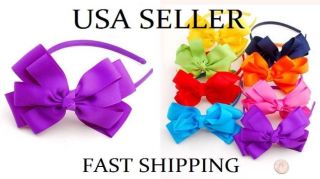 BOUTIQUE 5 DOUBLE BOW ON MATCHING SATIN HEADBAND 10 COLOR CHOICES