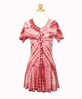   Vibrant Red Tie Dye Wash Print Ruffled Stretch Knit Tunic Dress M L