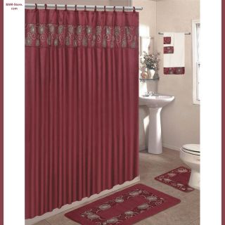   SET: 2 Bath Mat/Rugs+Fabri​c Shower Curtain+Fabric Covered Rings