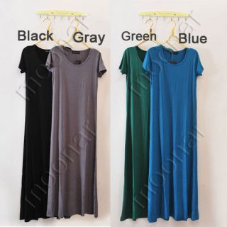 Plain Solid Womens Long Maxi Strench A Line Dress Short Sleeve Render 