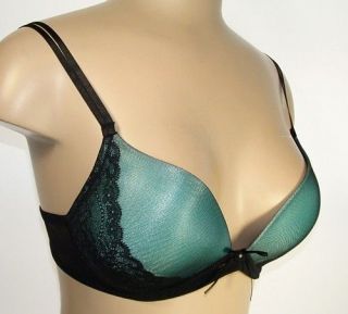   LACE OVERLAY WIRE FREE PLUNGE PUSH UP BRA  Black/Green  34 36 A/B/C