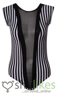 Womens Ladies Sleeveless Mesh Insert Black White Stripe Bodysuit 