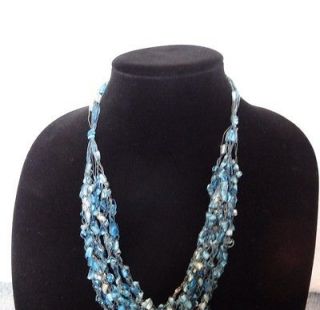 Hand Crochet Necklace, Ribbon/ Trellis Yarn, Shades of Blue, Turquoise 