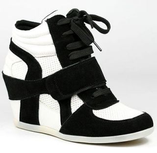 BLACK WHITE HIGH TOP FASHION SNEAKERS WEDGE ANKLE BOOT BOOTIE 7.5 US