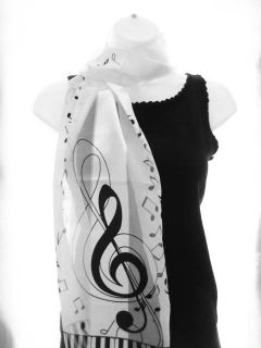NEW MUSIC SCARF NOTES G CLEF PIANO KEYS MUSICAL SCARVES WHITE BLACK 13 