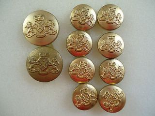 10 Waterbury BRASS Shank Metal BUTTONS Crown Crest Lions Gold Tone 