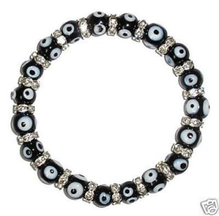 Black Glass Bead Evil Eye CZ Stretch Bracelet 8mm