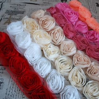 1m Chiffon 3D Rose Flower Lace Trim Trimmings Bridal Doll   Cream 