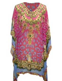   New Womens Magenta Pink & Sky Blue Animal Print Kaftan Tunic Kurta Top