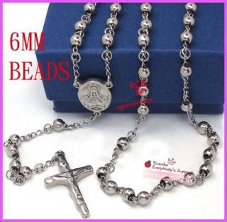 Wholesale 6mm Solid Beads Silver Stainless Steel Rosary Jesus Crucifix 