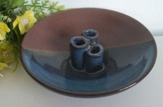   Brown glaze signed Studio pottery flower frog bowl.Pam Adkins 2000