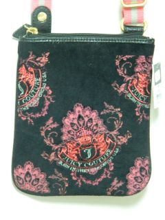 New Juicy Couture Black Pink Velour Crossbody Shoulder Sack Handbag 