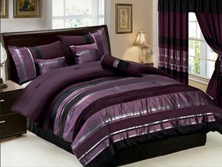 Purple Black Silver Stripe Chenille Comforter Set Queen,King Bed in a 