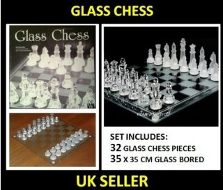 XL Glass Chess Set Large Board Shot 32 Shooter Glass Pieces 35 x 35cm 