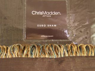 New Chris Madden Brown with Gold and Teal Looped Fringe Euro Sham 26 