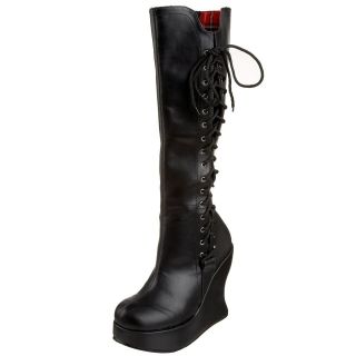 DEMONIA New Black Platform Wedge Side Lace PU Rock Goth Womens Boots 