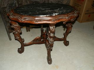 STUNNING ANTIQUE VICTORIAN MARBLE TOP LAMP TABLE W/AMAZING CARVED BASE