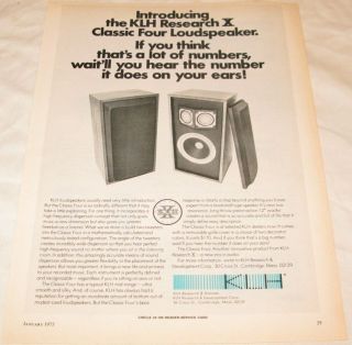 Vintage KLH Research X Stereo Speakers PRINT AD 1975