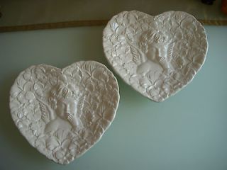   HEART SHAPED Plates White Angel Cherub and Flowers Italian Pottery