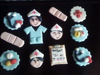 12 Handmade Edible fondant Nurse theme cake, cupcakes toppers 