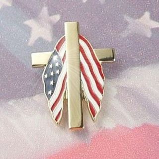 Patriotic 14kt Gold Ep Cross W/ Draped Enamel American Flag Clutch Pin