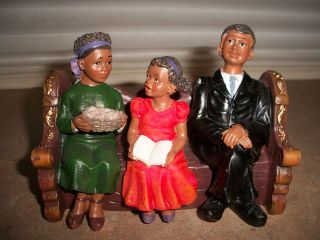 African American Family on Church Bench Figurine Mom Dad Girl