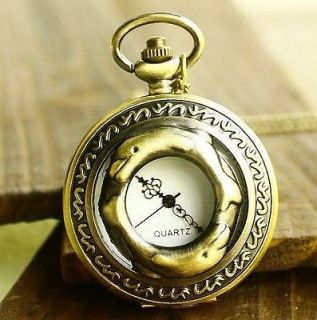 steampunk snitch double Dolphin pocket watch pendant necklace jewelry