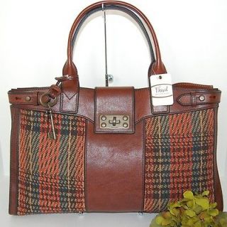 228 ~New FOSSIL Brown Leather & Plaid Vintage Re Issue Weekender Bag 