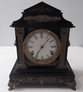 Ansonia Cast Iron Black Mantle Clock With Ornaments ~ Movement 