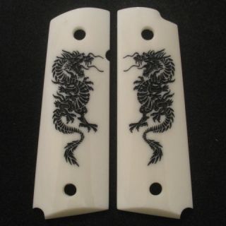 Colt 1911 Faux Ivory Grips with Black Dragon Beveled