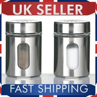 SALT & PEPPER STAINLESS STEEL & GLASS CONDIMENTS SET TABLE TOP SHAKERS