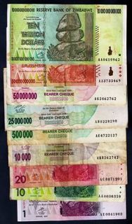 BANK NOTES SET 10 TRILLION TO 1 DOLLAR MIXED ZIMBABWE CURRENCY LOT