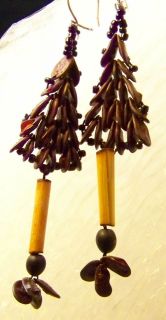 Hand Made Seed Bead Bamboo Dangle Pierced Earrings EUC
