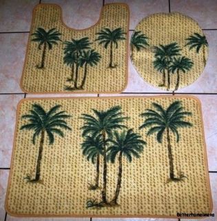 3Pc Tropical Palm Tree Bathroom Rug Set Bath Mat/U shaped Mat/Lid 