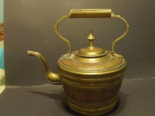 Antique Tea Kettle Hand Hammered Brass & Copper Signed Hallmarked Nice 
