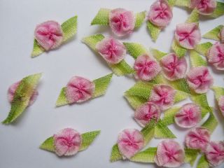 ombre pink / green Fancy Ribbon Flowers Lots 48 pcs R0066