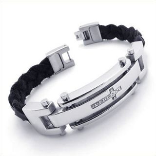   Genuine Leather Silver Stainless Steel Cross Mens Bracelet A19441