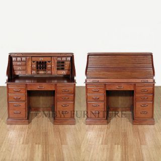 Solid Mahogany Roll Top Secretary Office Desk w/ Cabinets d030Kwnc