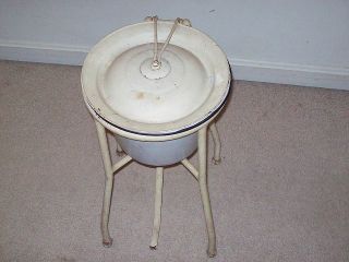 ANTIQUE CHAMBER ENAMEL TIN POT FOOT PEDAL LID LIFTER COMMODE TOILET 