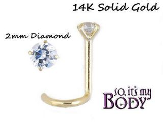   listed 14k SOLID GOLD NOSE STUD GENUINE REAL 2mm DIAMOND SCREW 20g
