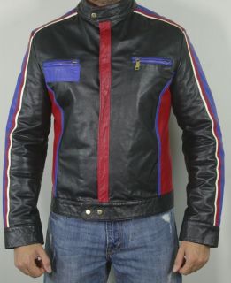 DOLCE & GABBANA* Black/Blue/Red/White Motorcycle Biker Leather Jacket 